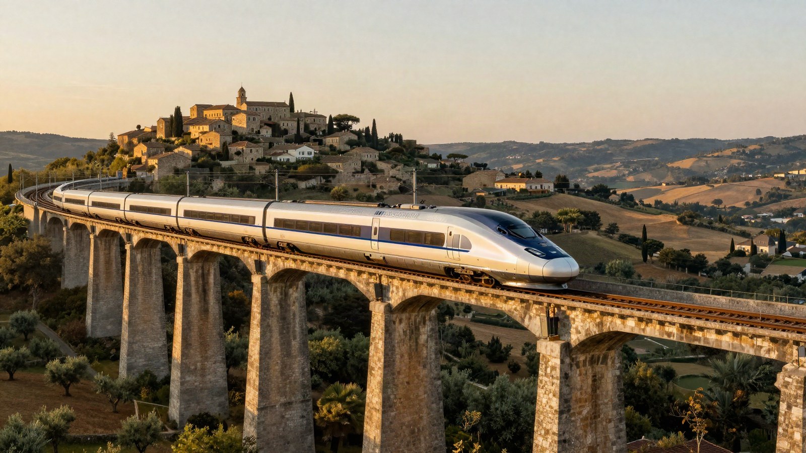 A high-speed train crossing a viaduct at sunset between Paris and Barcelona