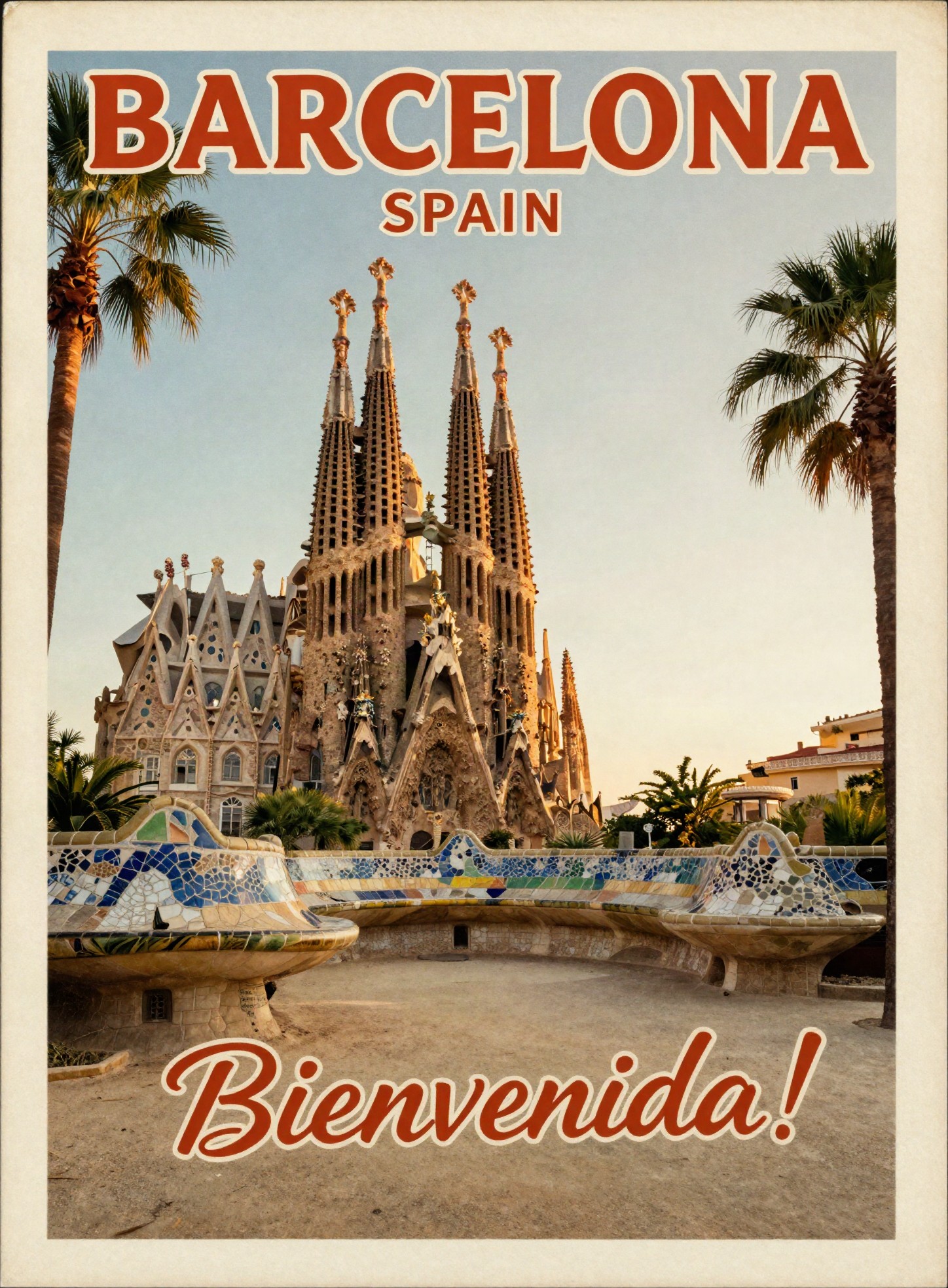 Vintage-style postcard of the Sagrada Familia in Barcelona with a palm tree, labeled Barcelona Spain, Bienvenida!