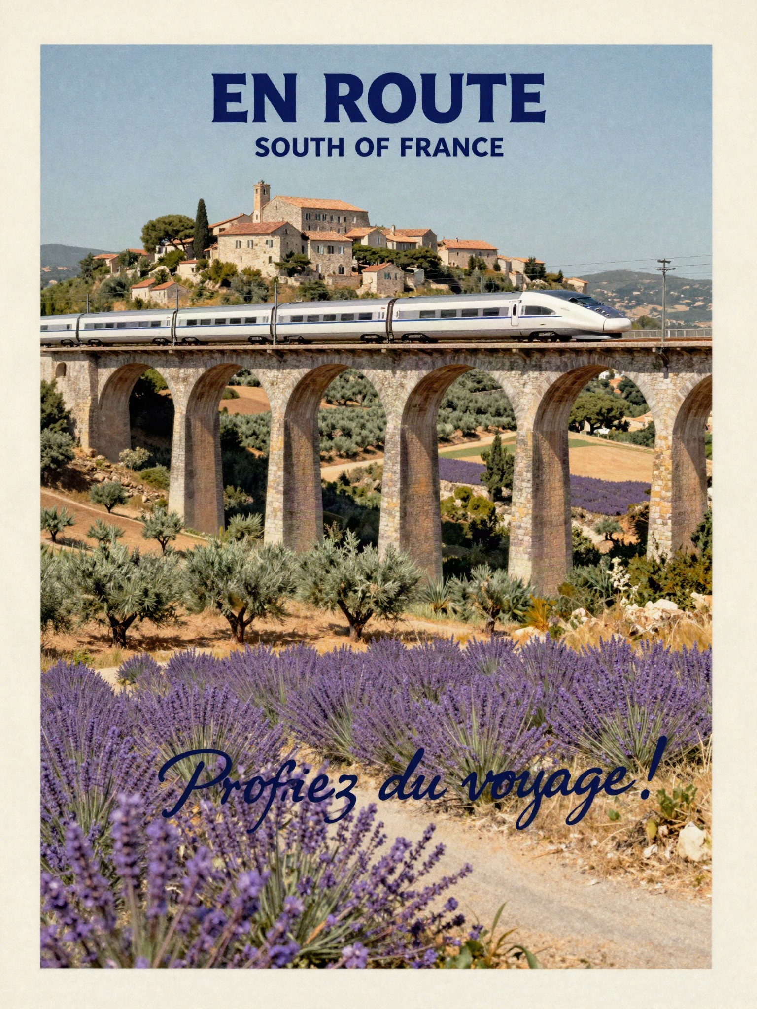 Vintage-style postcard of a TGV train crossing a viaduct in the south of France, labeled En Route South of France