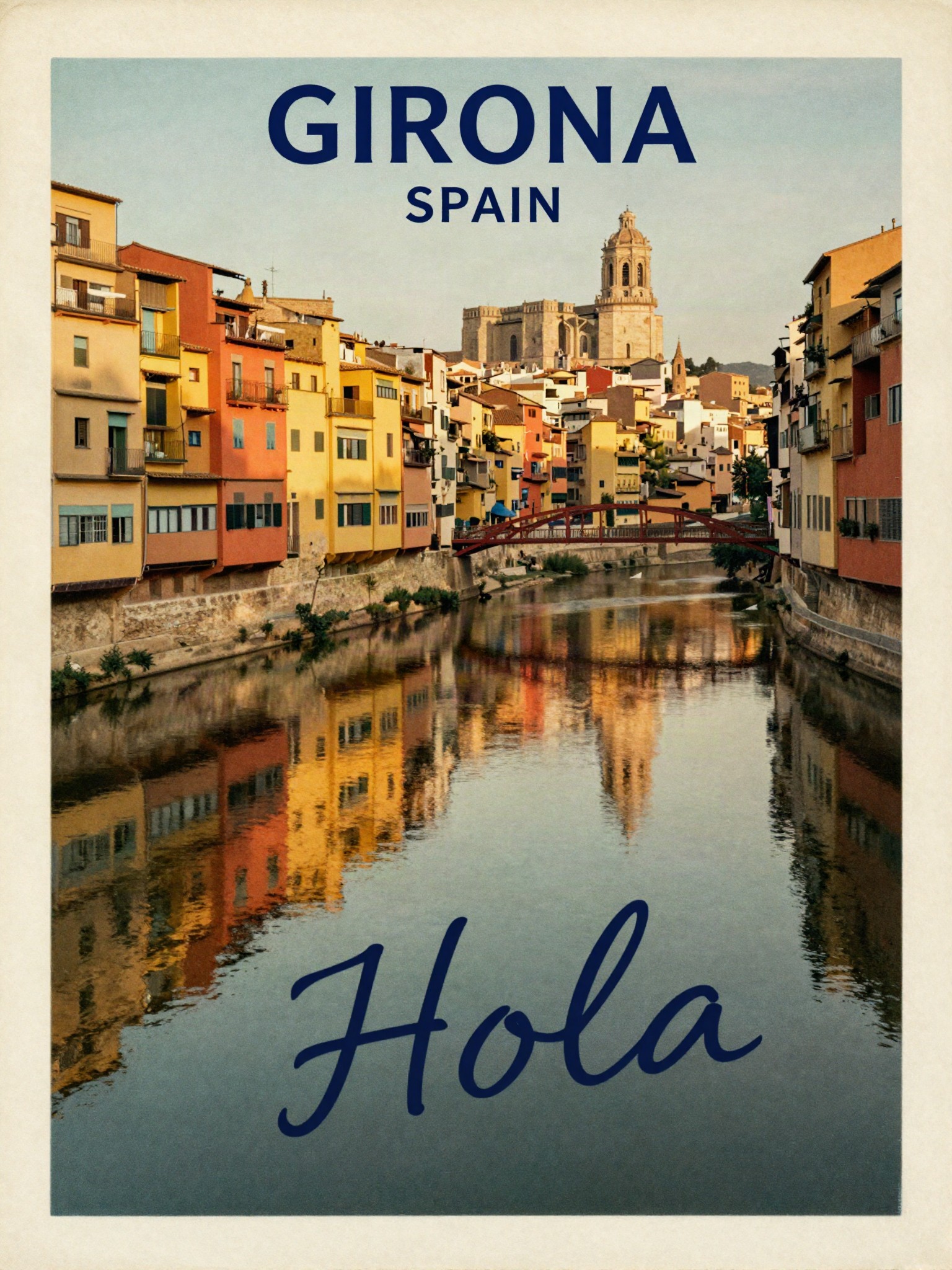 Vintage-style postcard of the colorful riverside houses of Girona, labeled Girona Spain, Hola!