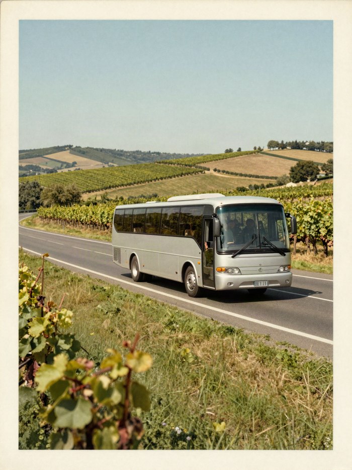 Vintage travel poster style illustration of a coach bus