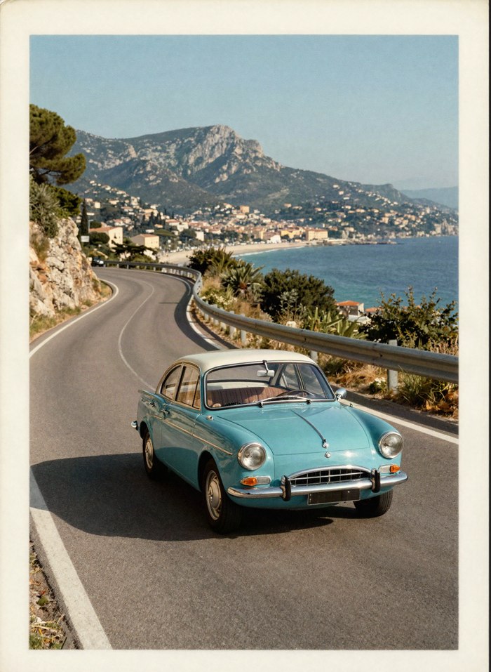 Vintage travel poster style illustration of a car on a coastal road