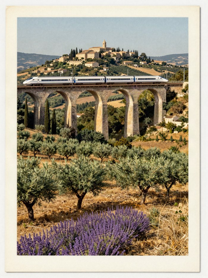 Vintage travel poster style illustration of a high-speed train