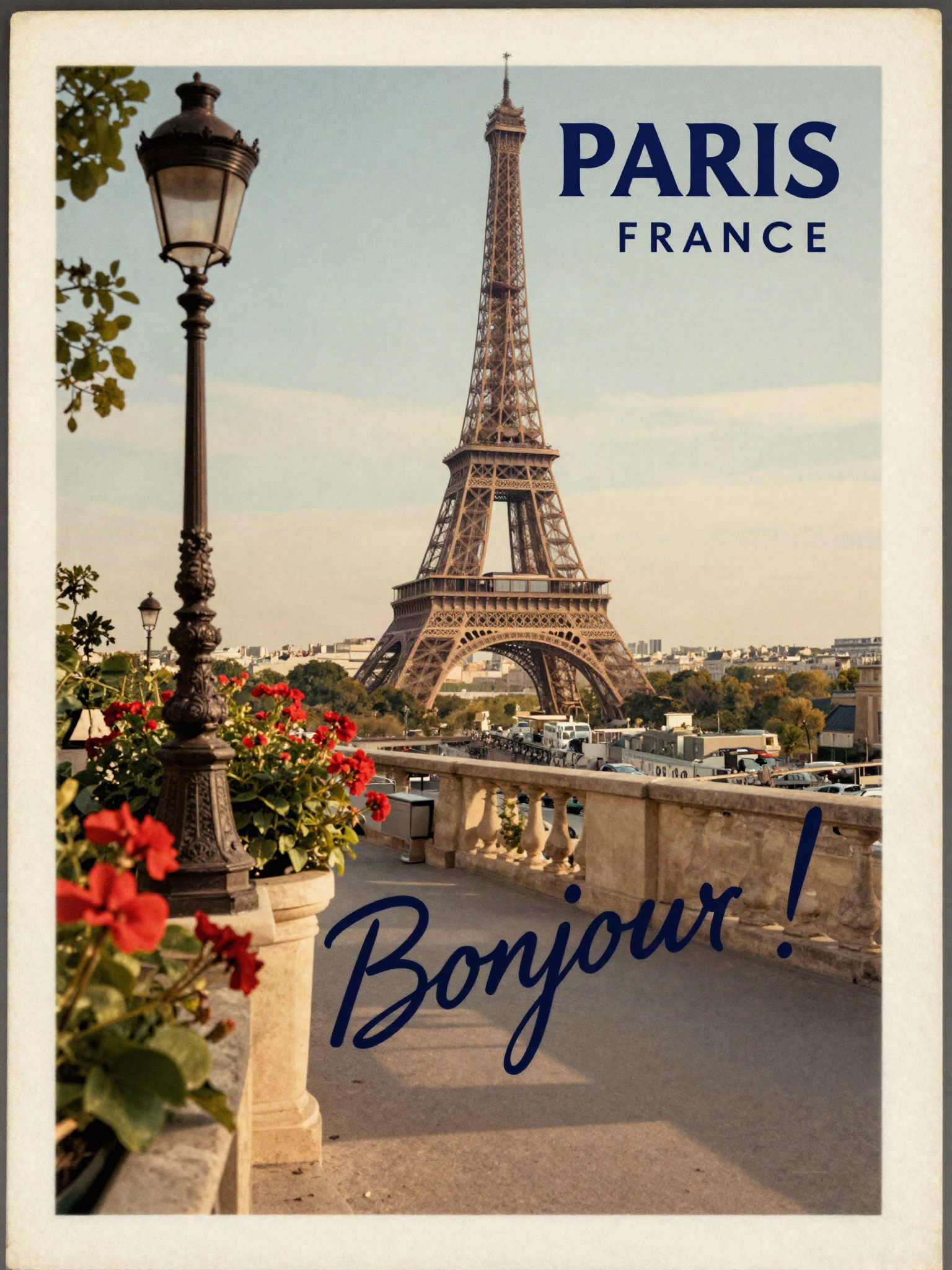 Vintage-style postcard of the Eiffel Tower in Paris, labeled Paris France, Bonjour!